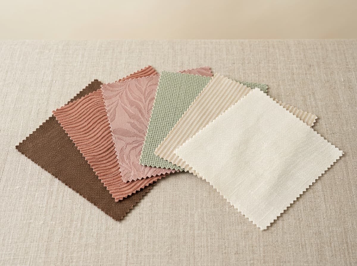 Six fabric swatches with pinked edges on natural linen