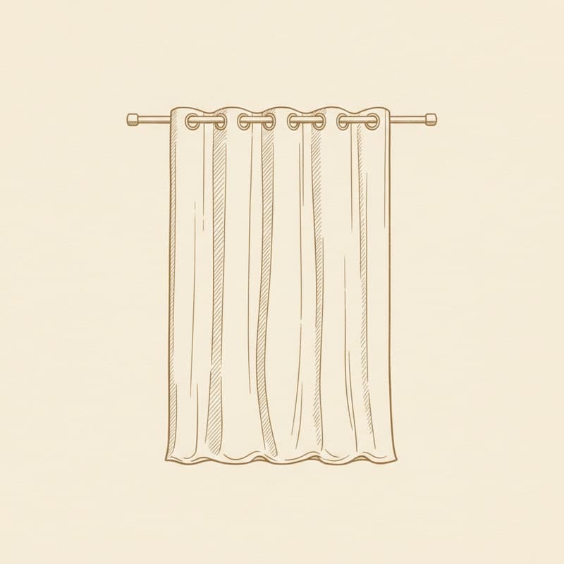 Etching of a finished eyelet curtain panel hanging from a rod