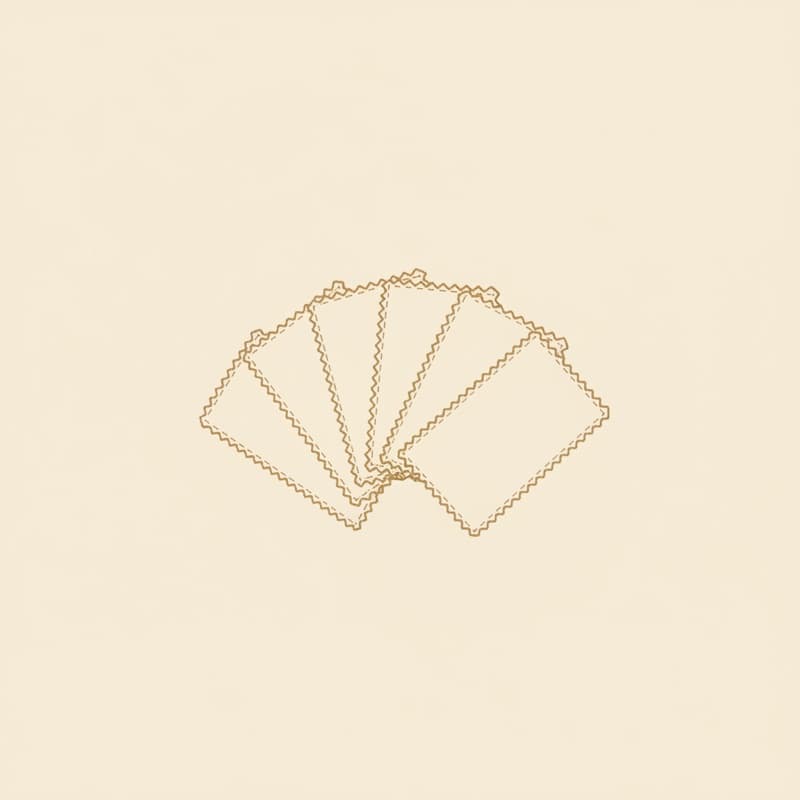 Etching of six fabric swatch cards with pinked edges, fanned like playing cards